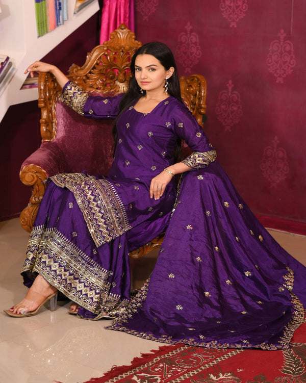 Graceful Chinon Sharara Set with Embroidery and Comfortable Elastic Fit