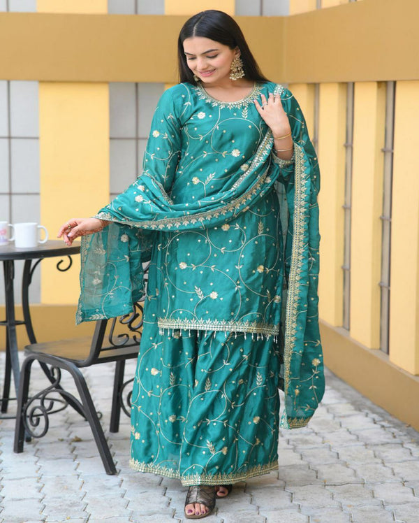 Chinon Sharara Set with Beautiful Sequence Embroidery and 2.2 Meter Dupatta