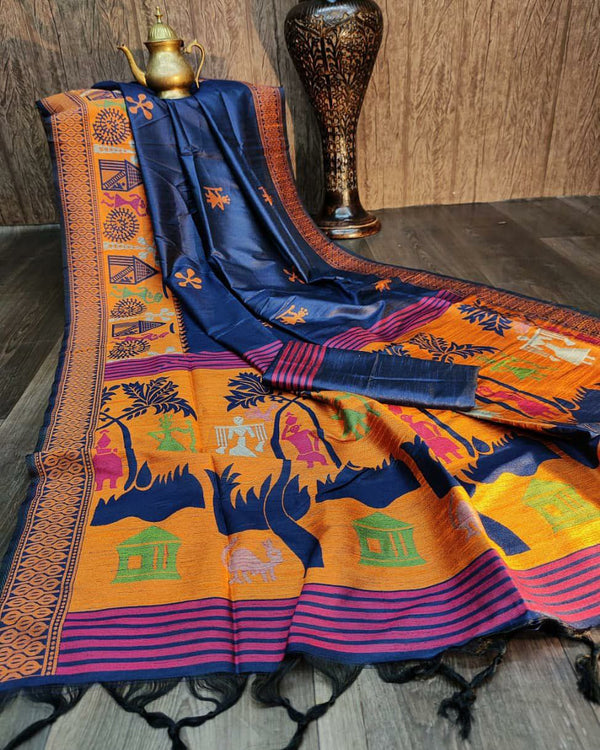 Handloom Raw Silk Saree with Zari Buttas and Contrast Color Woven Pallu