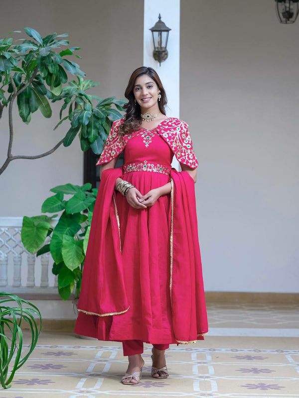 Simmar Vichitra Silk Anarkali with 3.5 Meter Flair, Embroidery Sequence Work, and Matching Dupatta