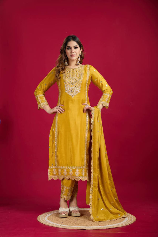 Fully Stitched Pure Chinnon Silk Top & Bottom with Mirror Khatli, Sequence Work & Heavy Embroidery