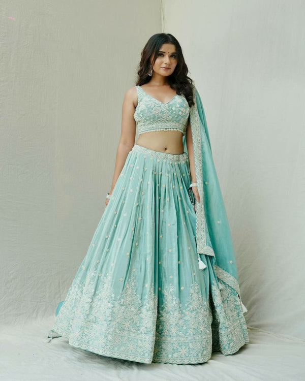 Perfect for Celebrations: Roman Silk Lehenga with Dupatta