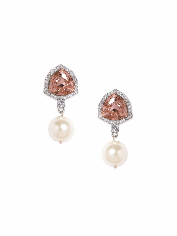 Rubans Premium Rhodium Plated Champagne Topaz AAA Cubic Zirconia Pearl Dangle Earrings