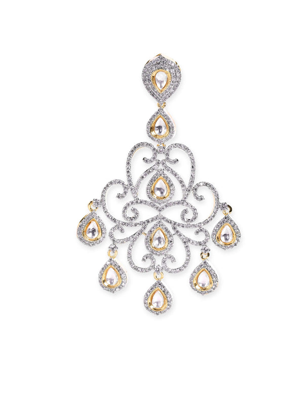 Rubans Premium Rhodium plated with gold detail AAA Cubic Zirconia & Kundan studded Luxury Chandelier Earrings