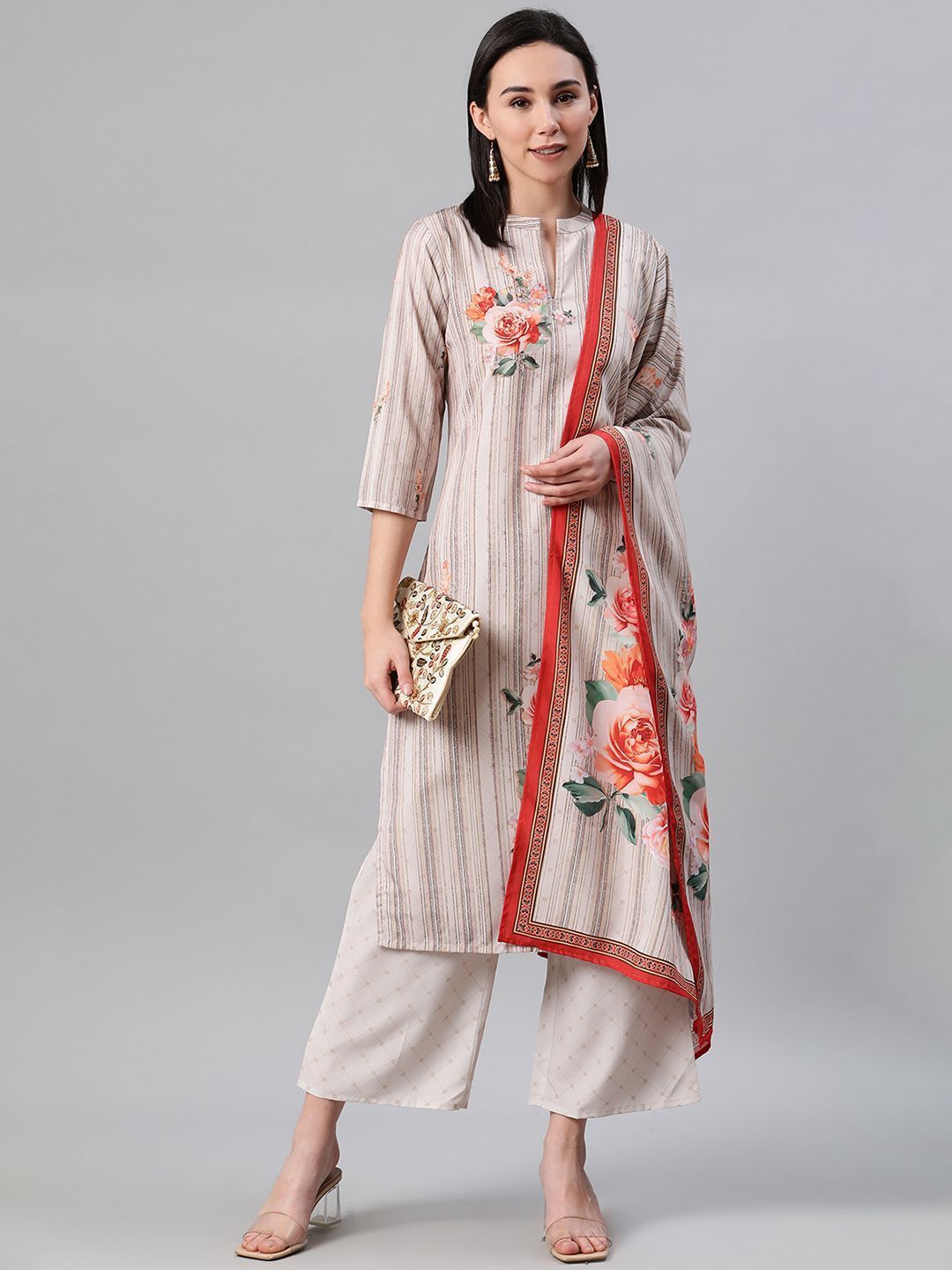 Women's Grey Color Screen Print Straight Kurta,Palazzo And Dupatta Set - Ziyaa