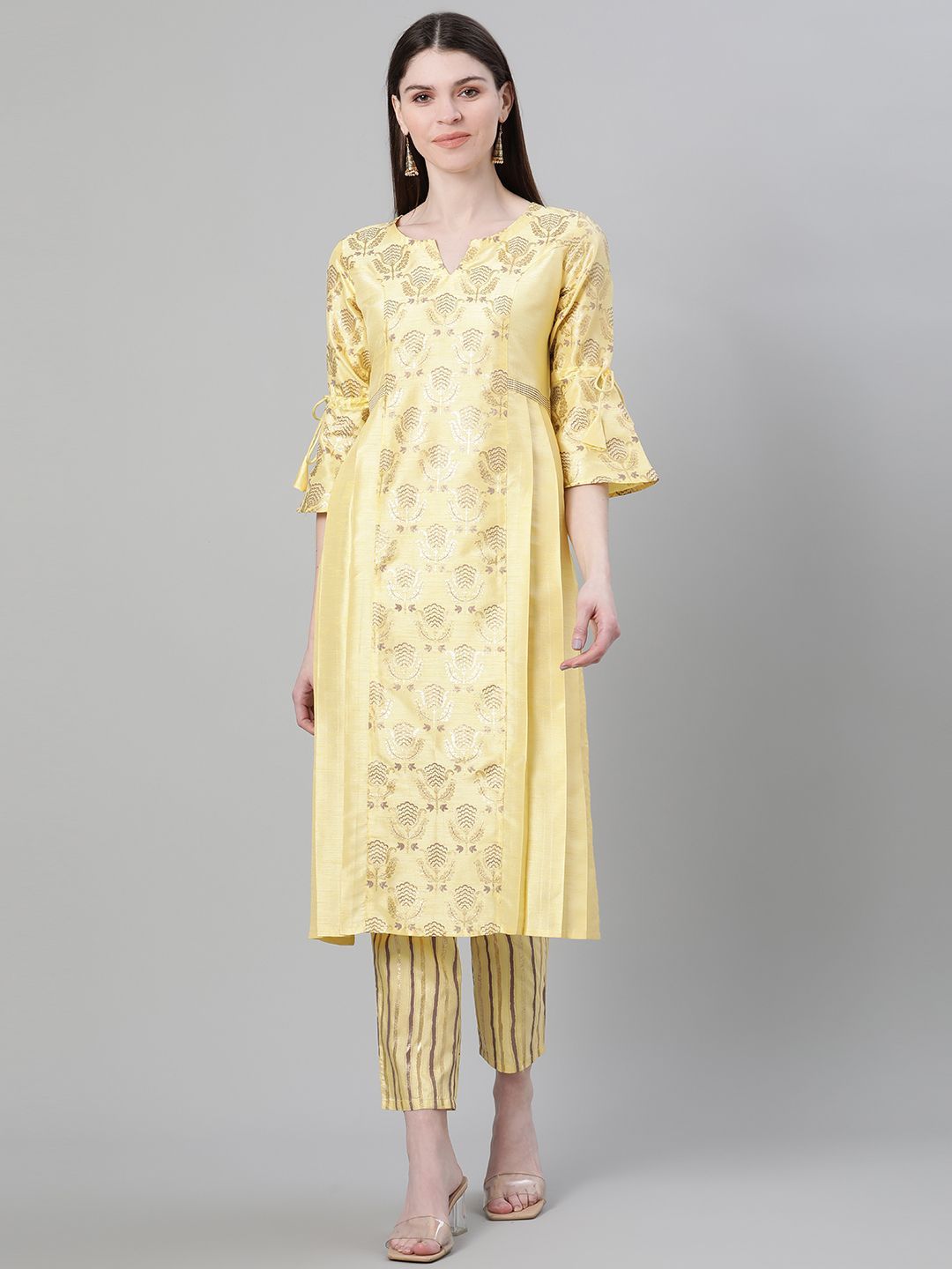 Women's Yellow Color Foil Print Straight Kurta And Pant Set - Ziyaa