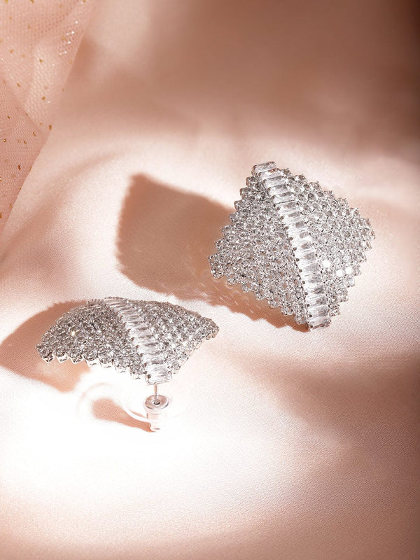 Rhodium-Plated Cubic Zirconia Geometric Stud Earrings