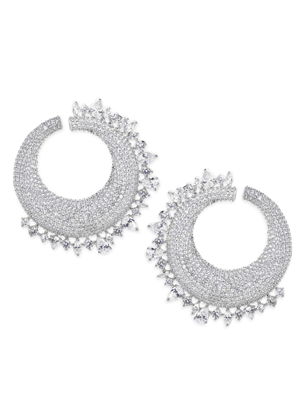 Rhodium Plated CZ Stone Studded Chandbali Earrings