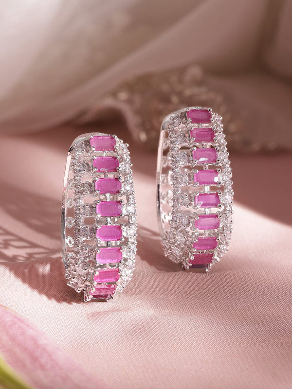 Rubans Rhodium plated Pink Sapphire Baguette Crystal Zirconia Statement Demi-Fine Hoop Earrings