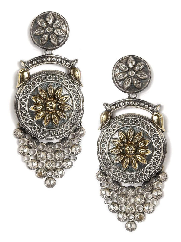 Rubans Gold-Toned Silver-Plated Handcrafted & Oxidised Classic Drop Earrings