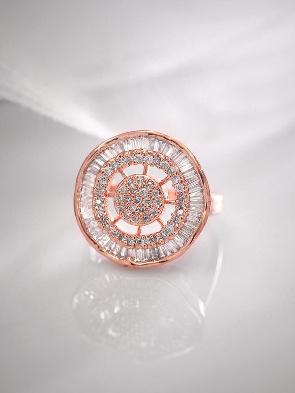 Rubans 18K Rose Gold Plated Baguette & Round Zircons Studded Adjustable Ring