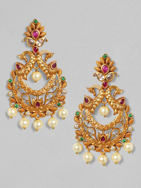 Rubans 22K Gold Plated Handcrafted Faux Ruby Stone with Pearls Peacock Chandbali Earrings