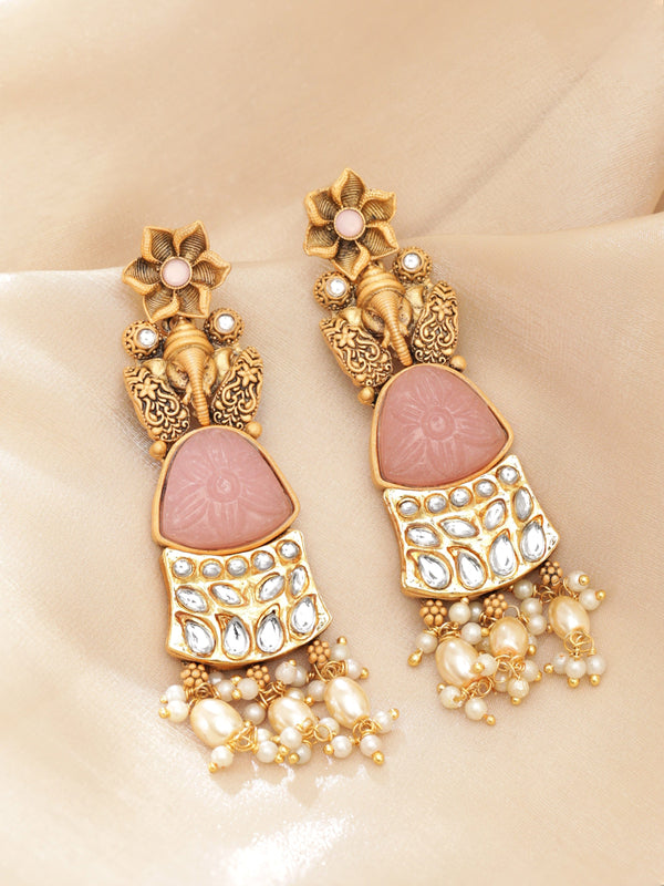 Rubans 22K Gold plated Kundan studded Pearl beaded dangle Earring