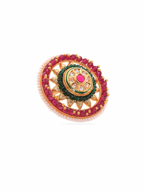 Rubans 22K Gold Plated Kundan Studded Red & Green Crystal with Pearl beaded Handcrafted Adjustable Ring