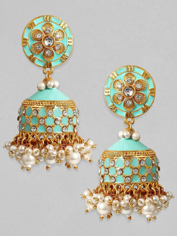 Rubans 24K Gold Plated Handcrafted Blue Enamel & Kundan with Pearls Jhumka Earrings