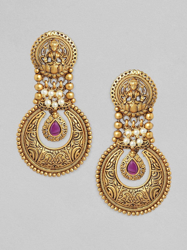 Rubans 24K Gold Plated Handcrafted Filigree & Pink Stone Temple Drop Earrings