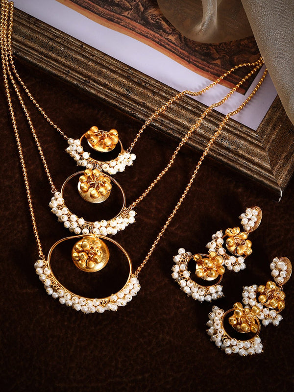 24K Gold Plated Handcrafted Layered With Pearls And Floral Design Jewelry Set