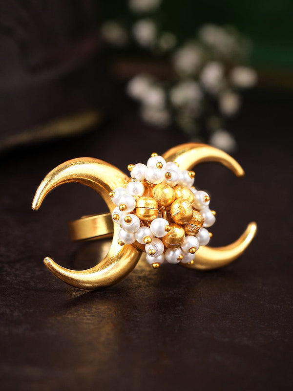 Rubans 24K Gold Plated Handcrafted Ring With Pearls, Golden Beads And Moon Design