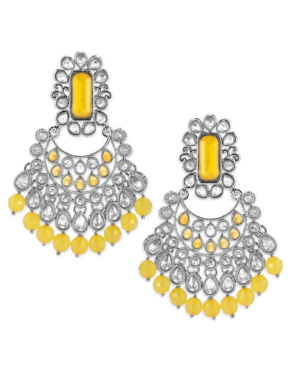 Rubans AD Studded Silver Plated Yellow Beaded Chandbali Earrings