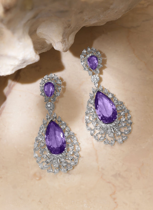 Rubans Amethyst Radiance Purple and Silver AD Earrings