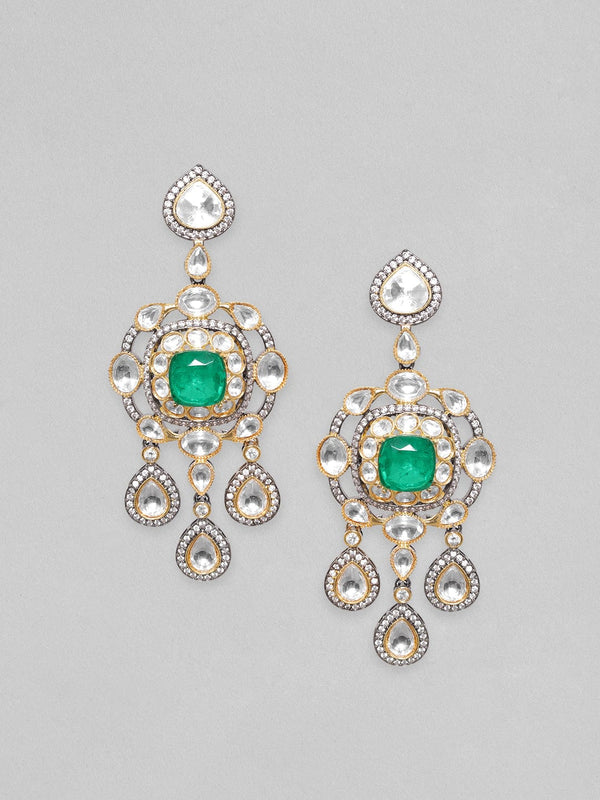 Rubans Antique Gold Plated Brilliant Cut Zirconia & Kundan, Emerald Green Doublet Vintage Royal Chandelier Earrings