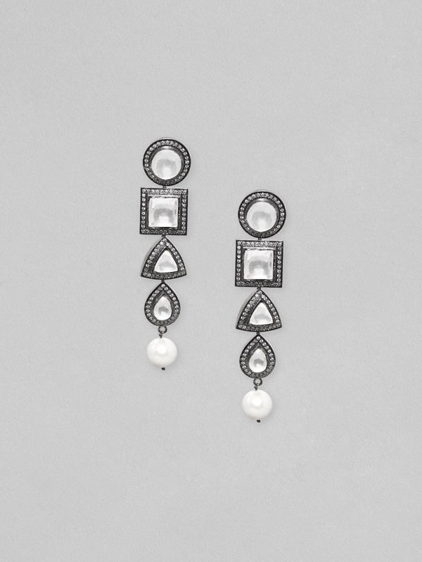 Rubans Black Rhodium Plated Polki Zirconia Pearl Drop Dangle Earrings