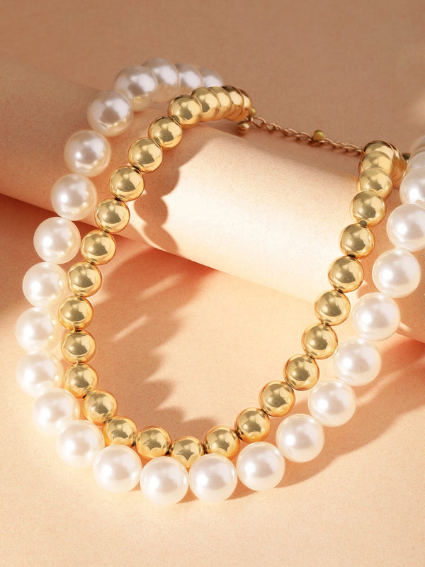 Rubans Cream & Gold pearl Beaded Double layered Statement Layer Necklace