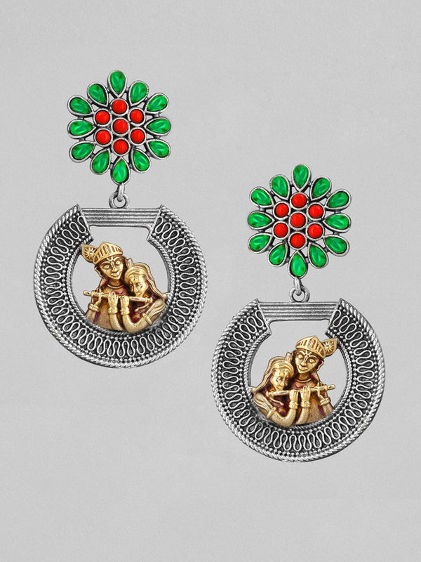 Rubans Dual Toned Drop Earrings With God Motif And Studded Stones