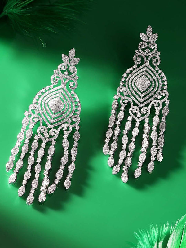 Rubans Ethereal Sparkle Rhodium Plated Zirconia Studded Chandelier Earrings