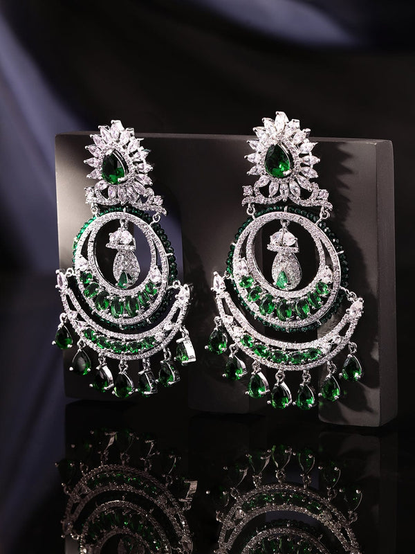 Rubans Exquisite Elegance Rhodium Plated Zirconia and Emerald studded Chandbali Earrings