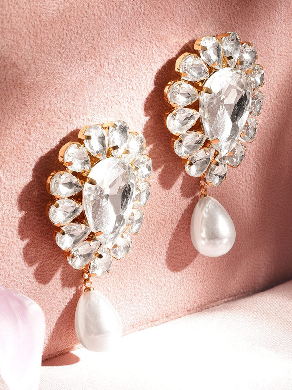 Rubans Gold Plated AAA Zirconia Embellished Tear Shaped Dangle Earring with Pearl Drops