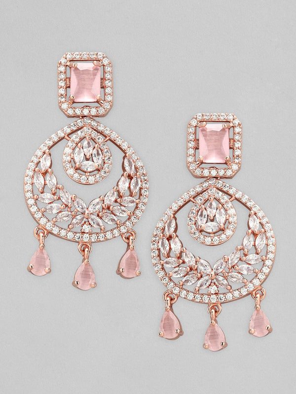 Rubans Gold Plated Chandbali Earrings With Pink American Diamonds