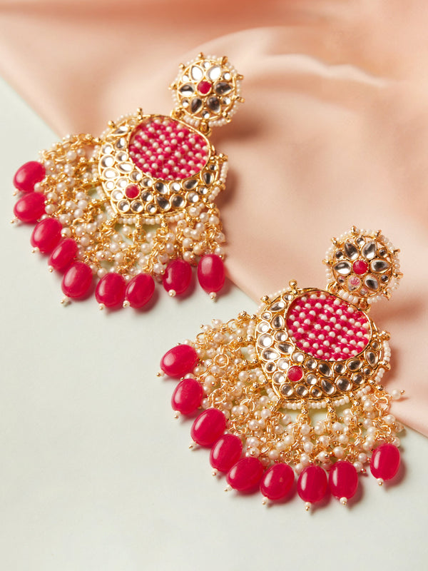 Rubans Gold Plated Chandbali Earrings With Pink And White Beads