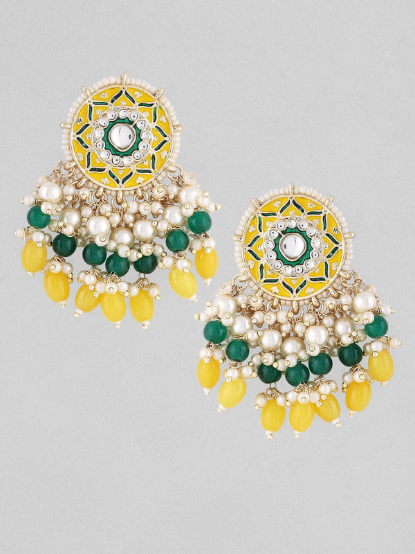 Rubans Gold Plated Chandbali Earrings With Yellow And Green Enamell And Beads