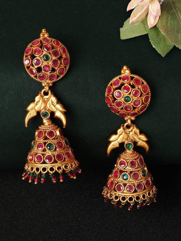 Rubans Gold Plated Color Stone Jhumka Earrings