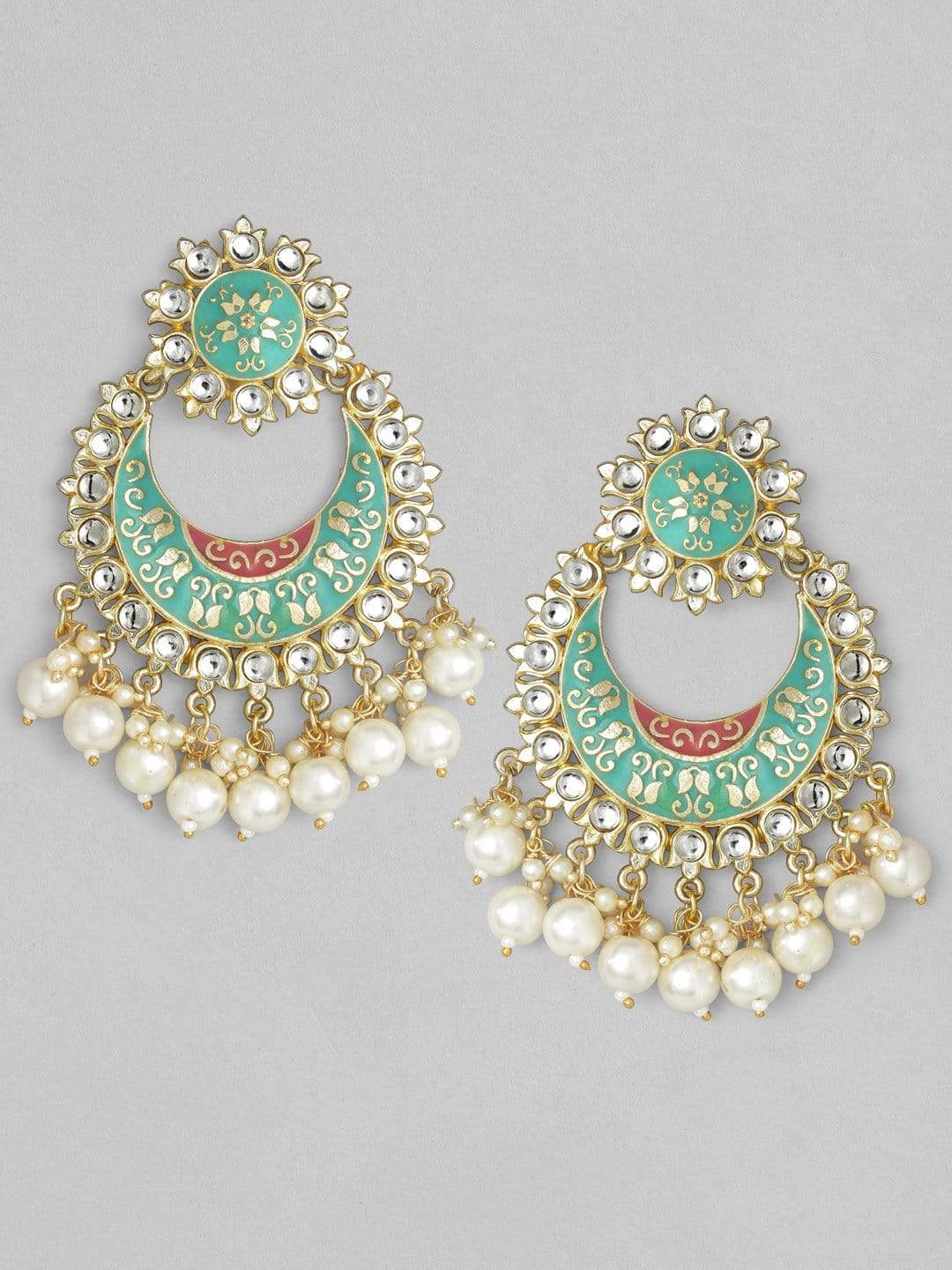 Rubans Gold Plated Handcrafted Blue Enamel Pearl Chandbali Earrings Earrings