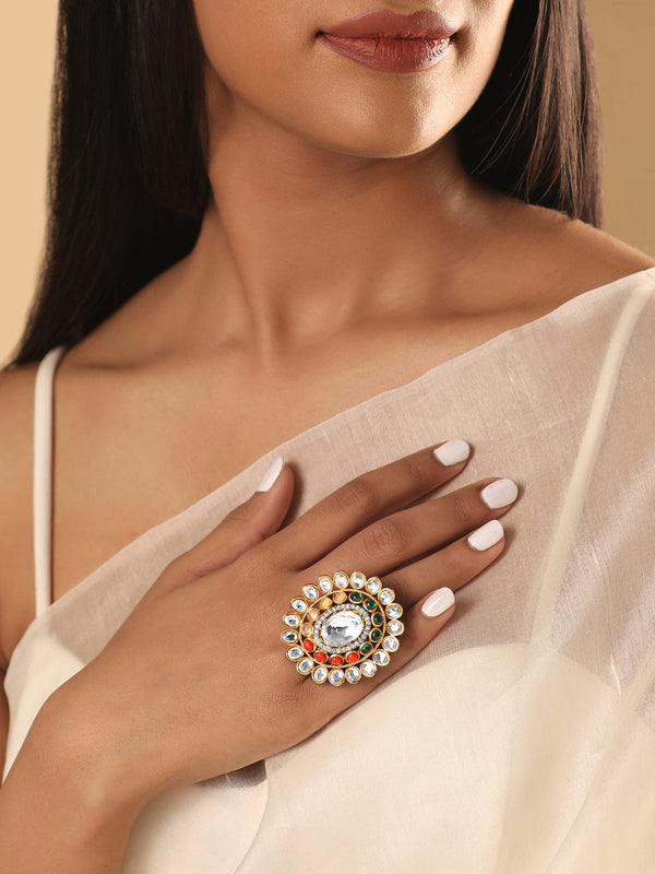 Rubans Gold Plated Kundan & Multicolour Gem Zirconia Ring