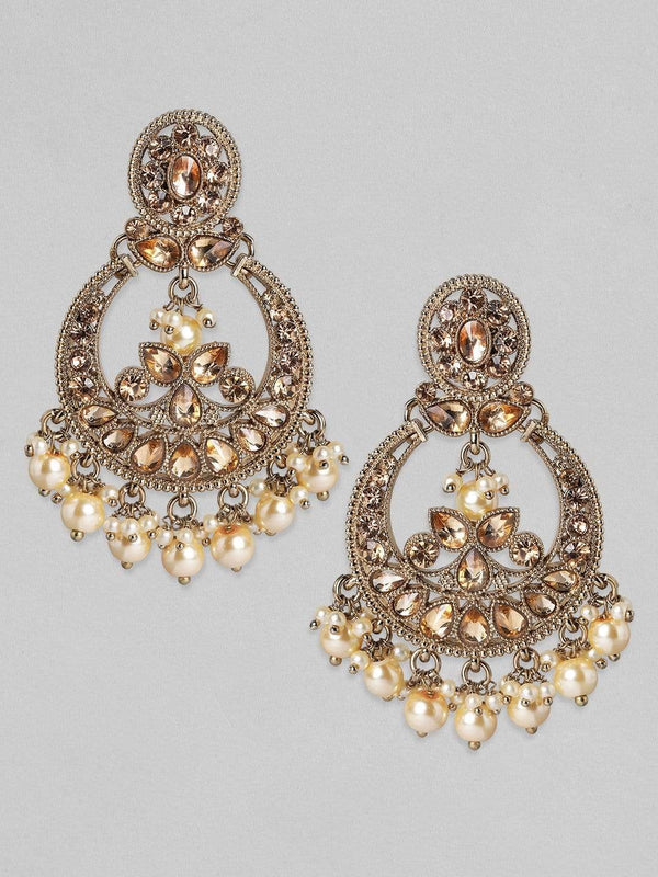 Rubans Gold Toned Chandbalis in Rusty Gold Stones and Beige Pearls