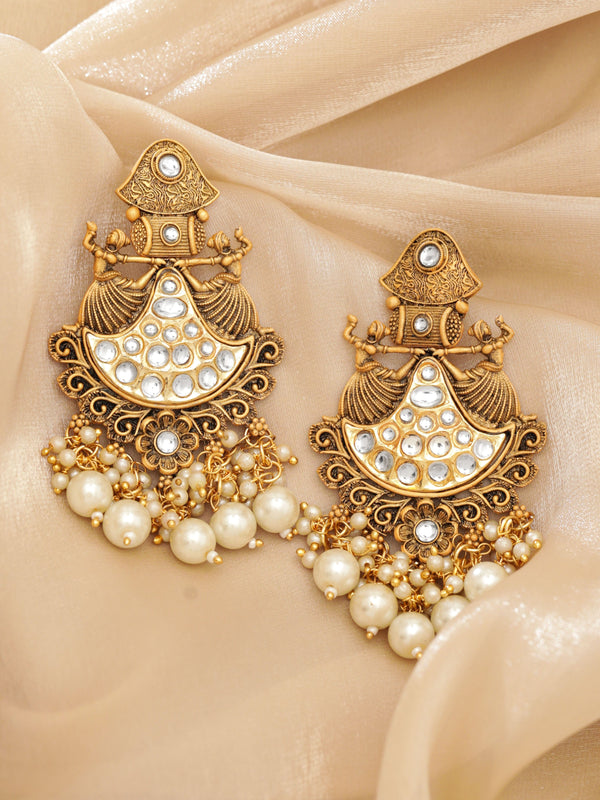 Rubans Gold-Toned Chandelier Earrings with Dangling Pearls