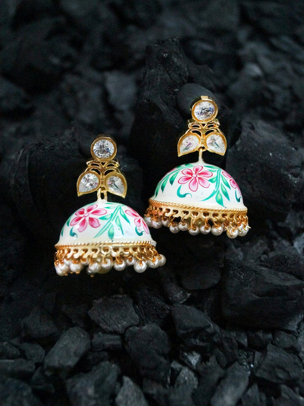 Rubans Gold-Toned & White Hand Painted Kundan Jhumkas