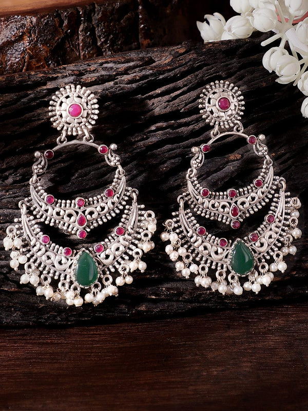 Rubans Illuminating Silver Base Chandbali Earrings with Green and Pink Stones