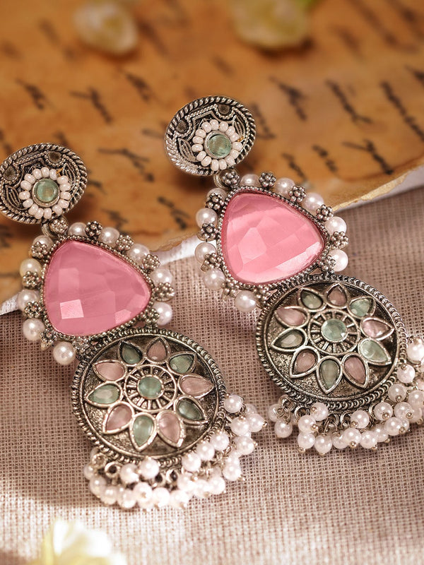 Rubans Intricate Engravings Oxidized Silver Plated Gemstone & Pearl Dangle Earrings