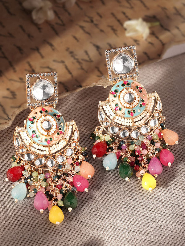 Rubans Kundan Elegance 22K Gold Plated Multicolour Beaded Chandbali Earrings