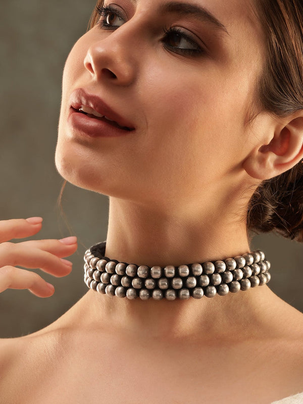 Rubans Oxidized Silver Plated Statement Choker Necklace