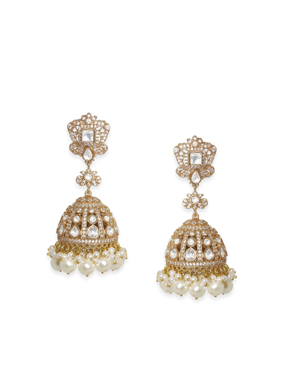 Rubans Radiant Gold-Plated AD Jhumka Earrings: Sparkle with Grace