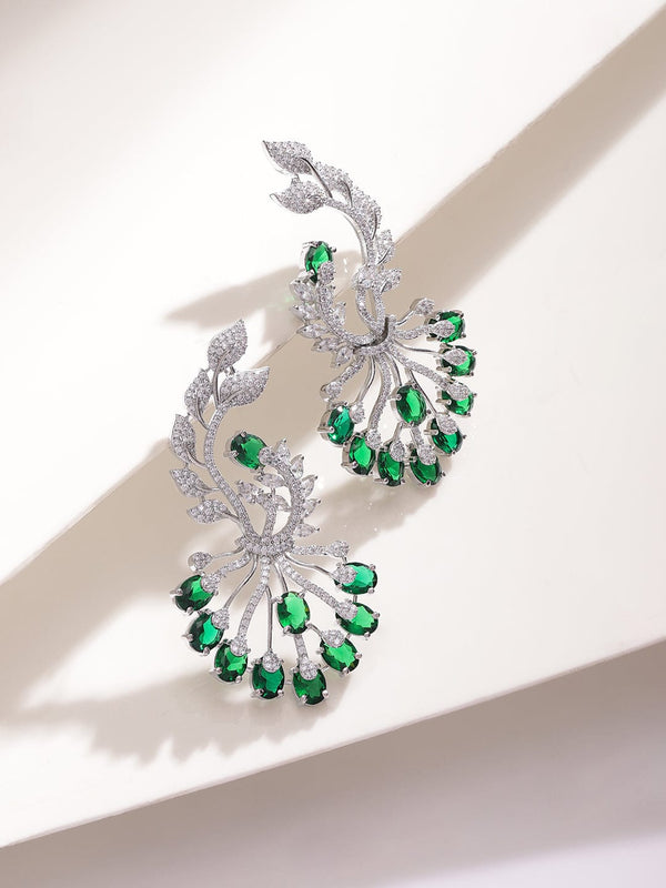 Rubans Regal Radiance Rhodium-Plated AD and Emerald Statement drop Earrings - Timeless Elegance