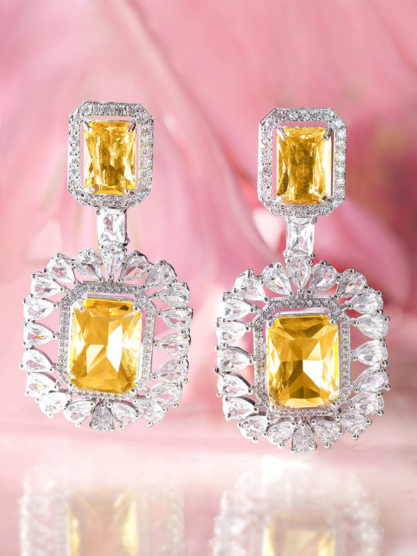 Rubans Rhodium plated AAA Cubic Zirconia Yellow Sapphire studded Statement Dangle Earring