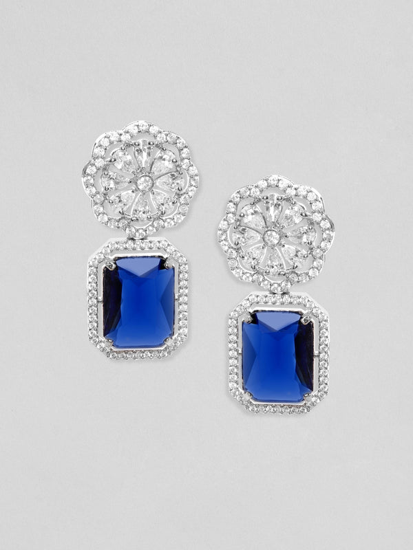 Rubans Rhodium Plated Blue Sapphire Zirconia Dangle Earrings