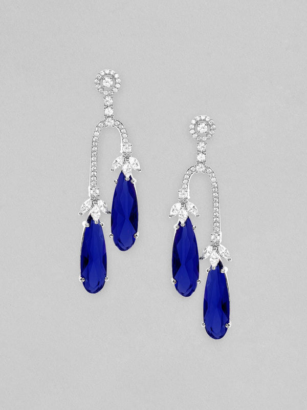 Rubans Rhodium Plated Blue Sapphire Zirconia Teardrop Dangle Earrings