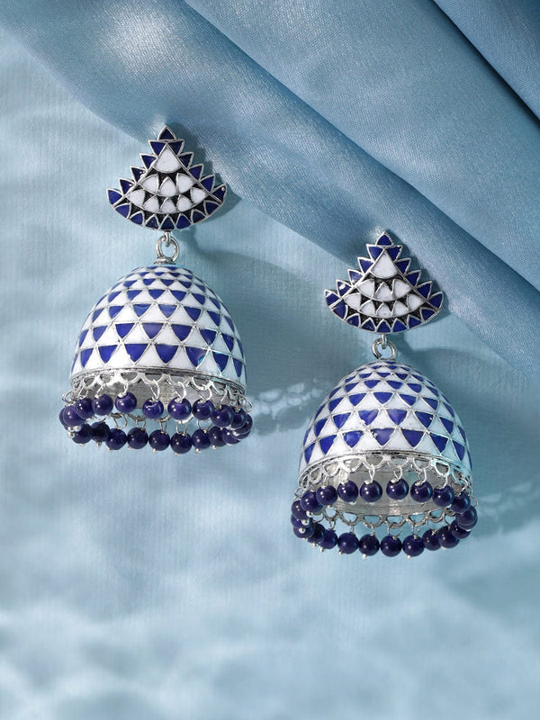 Rubans Rhodium plated blue & white enamel Jhumka Earring